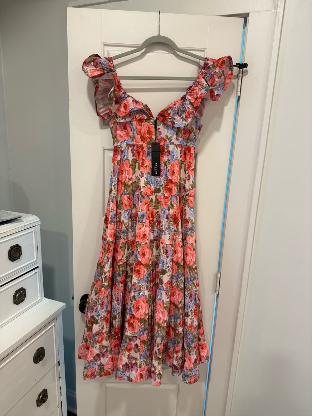 Beulah Coral Pink Floral Ruffle-Strap Midi Dress